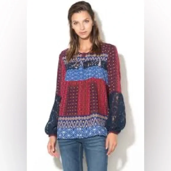 Women’s NWT Desigual Red Blue Yellow Button Up Long Sleeve Blouse Size Medium - Picture 1 of 5
